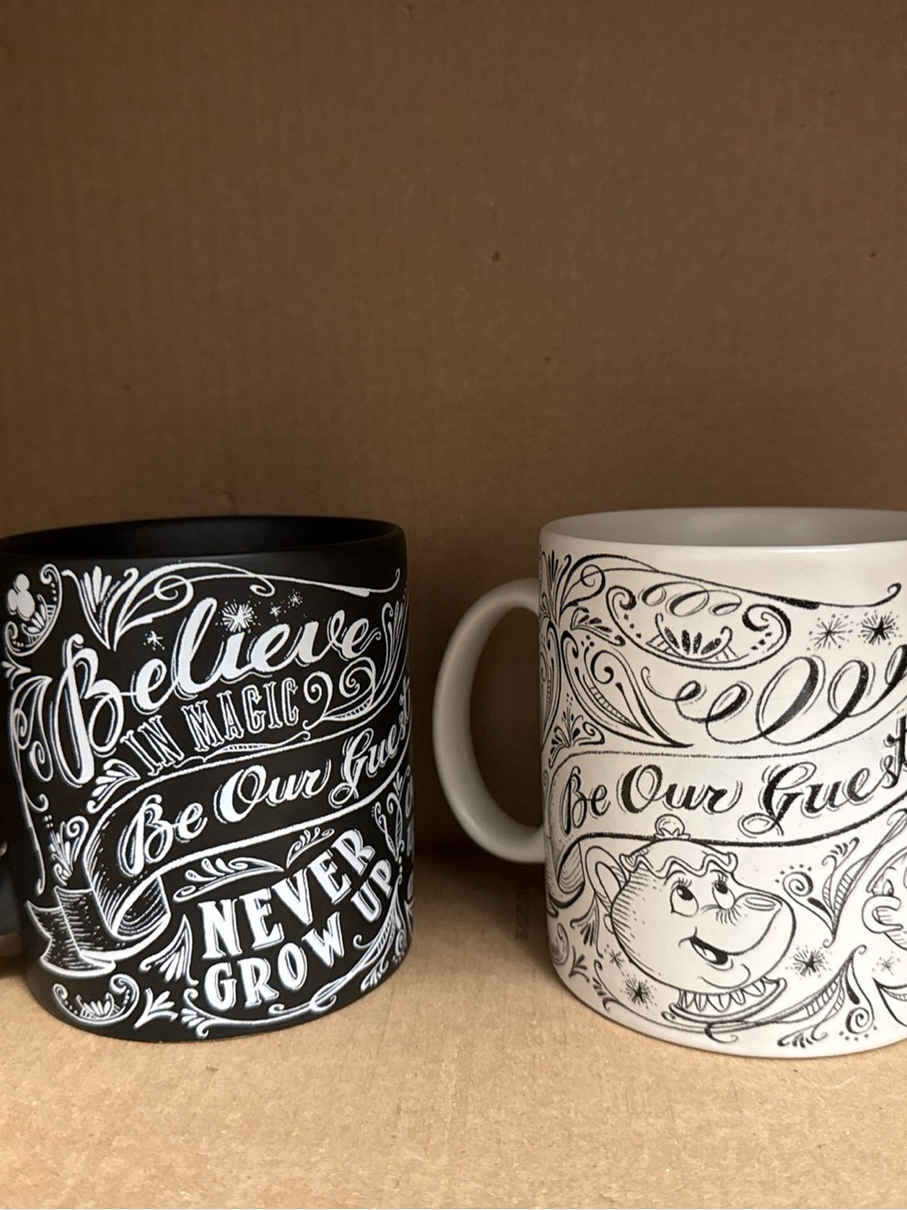 2 Disney Parks Beauty & Beast Lumiere Be Our Guest Believe in Magic Chalk Mugs